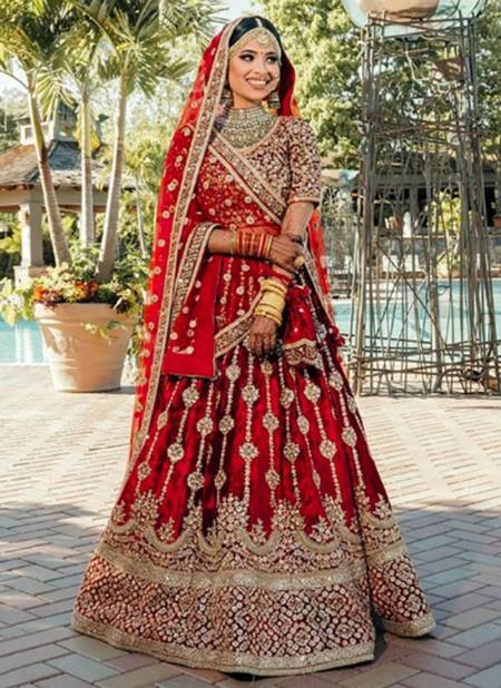Red Colour Heavy Bridal Wedding Wear Embroidery Work Latest Lehenga Collection Kb 1060 Red